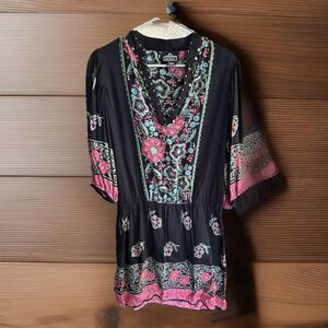 Angie Boho Printed Long Sleeve Mini Dress Flare Sleeves Paisley Size Large‎